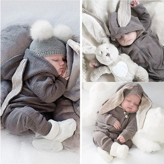 Bunny Ear Baby Romper – Soft Cotton Infant Hooded Jumpsuit with Diagonal Zipper for Easy Diaper Changes – Newborn to 12 Months – Multiple Colors