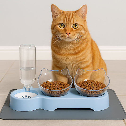 Cat 3-in-1 Food and Water Bowl Set – Elevated Tilted Feeder with Auto Water Dispenser for Cats & Small Dogs – BPA-Free | Blue, Pink, Green, Gray